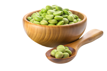 broad beans in a wooden bowl and wooden spoon isol isolated on transparent background png