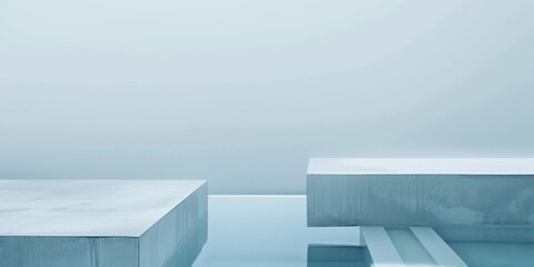 Obraz premium A modern minimalist aesthetic with a light misty blue backdrop, Symmetrical arrangement of minimalist elements, Modern minimalist style