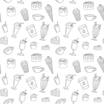 Desserts and drinks, seamless background, hand drawn, vector illustration