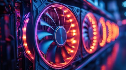 Lit GPU cooling fans, server room, mining rig