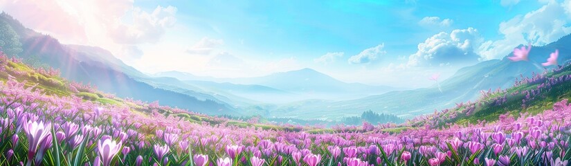 Obraz premium Vibrant Flower Field with Mountain Landscape and Blue Sky