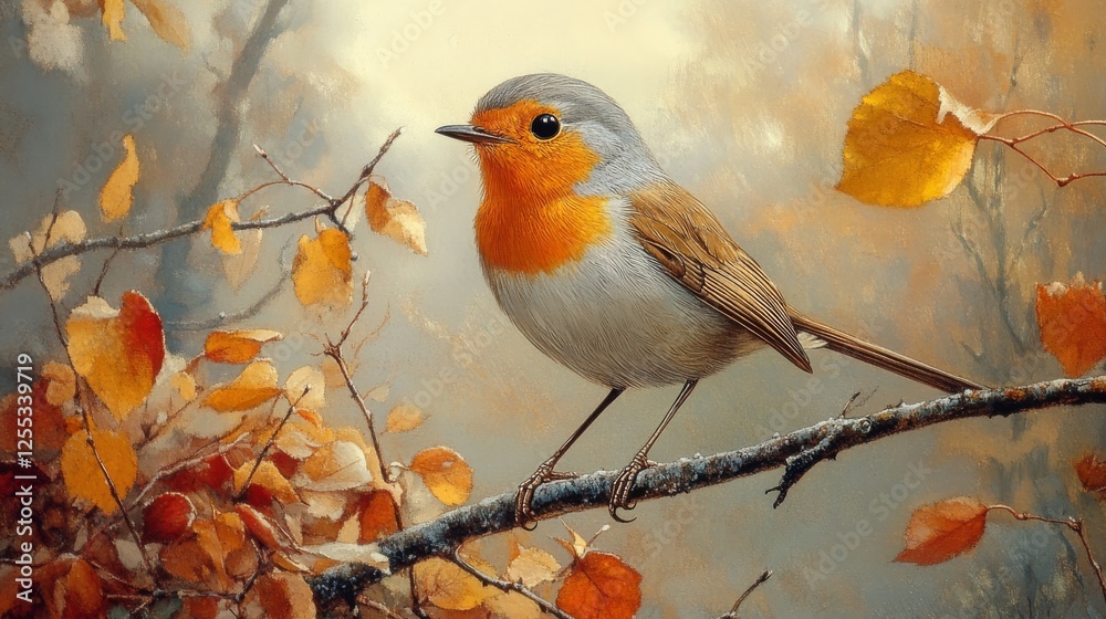 Poster a charming robin perched on a branch amidst autumnal leaves: a gentle symphony of colors and texture