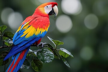 Obraz premium Scarlet Macaw Perched On A Lush Green Branch