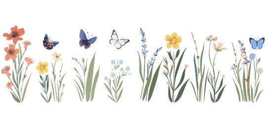 Wildflowers and Grass with Butterflies Isolated on White