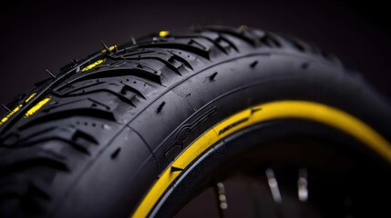 Close-up of Black Bicycle Tire with Yellow Stripe