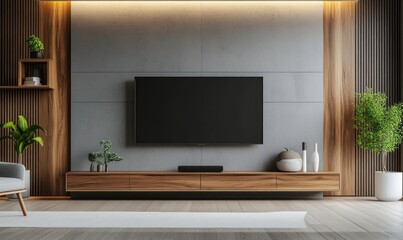 A modern wooden wall with a TV and shelf in a minimalistic interior design, gray walls with a wood grain pattern, and a parquet floor