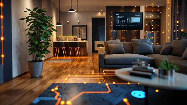 Smart Home Interior: Modern living room featuring smart home technology, seamlessly integrated with stylish furniture and ambient lighting, creating a futuristic and comfortable environment.