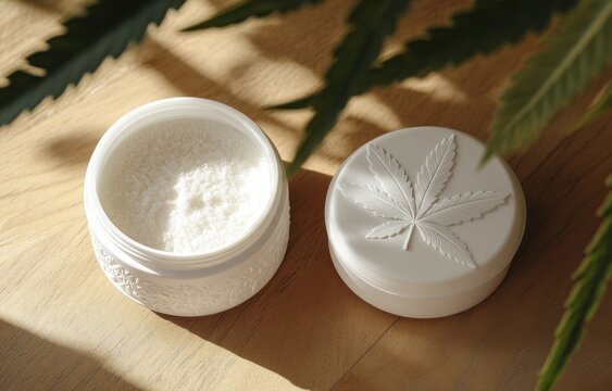 White jar of CBD powder with cannabis leaf.