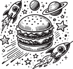 Hamburger in space doodle art vector illustration