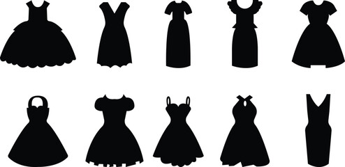 Women black dress icon set.Classic luxury dress.Long maxi, full and floor length dress icon.. Elegant evening gown for glamorous evening and cocktail party. Modern design. Flat vector illustration.