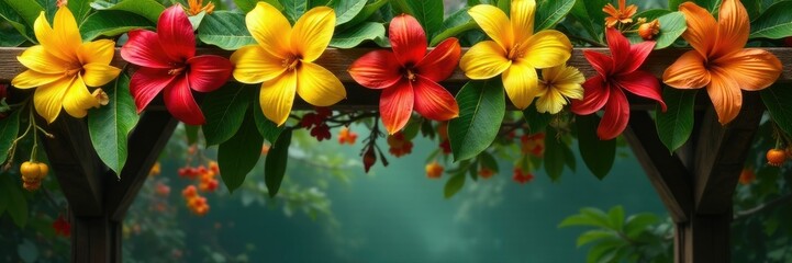 Obraz premium A banana flower garland draped over a wooden beam, leaves, tropical flowers