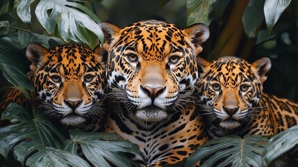 Obraz premium A Family of Golden Jaguars Resting in Lush Tropical Rainforest Foliage