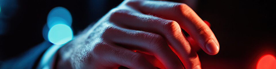 Close-up Photograph of a Hand Illuminated by Red and Blue Light