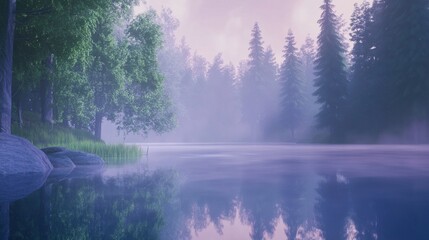 Fototapeta premium Serene Lake Reflection at Dawn: A Misty Forest Landscape Painting