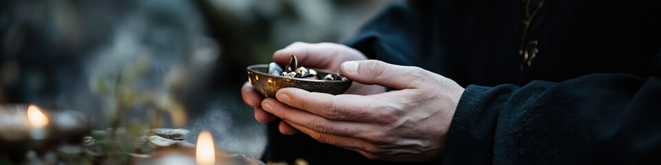 Person Holding Ornate Bowl with Small Objects