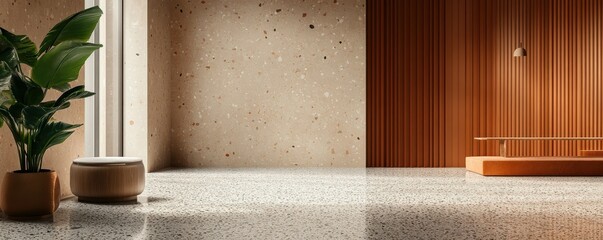 Modern minimalist lounge with terrazzo flooring and natural lighting