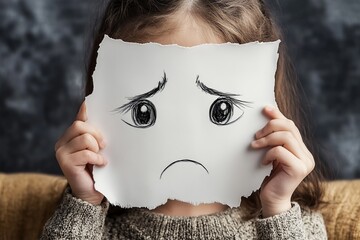 Child holding a paper with a sad face drawing, covering mouth, concept of emotion,mental health and childhood traumas