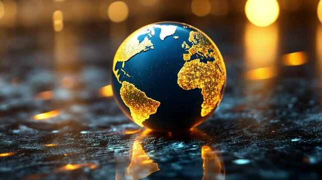 Global Illumination: The world radiates with a soft golden glow, reflecting on a glossy, reflective surface. This image encapsulates a sense of global unity and interconnectedness.