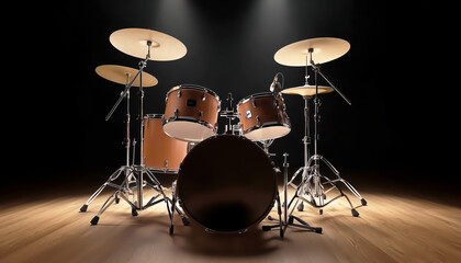 A drum kit under dramatic stage lighting before a live performance.  Generative AI.