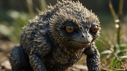 Spiky Creature Intently Gazing in Blurred Greenery