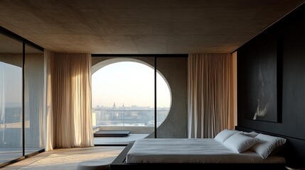 Luxury penthouse bedroom sunrise city view