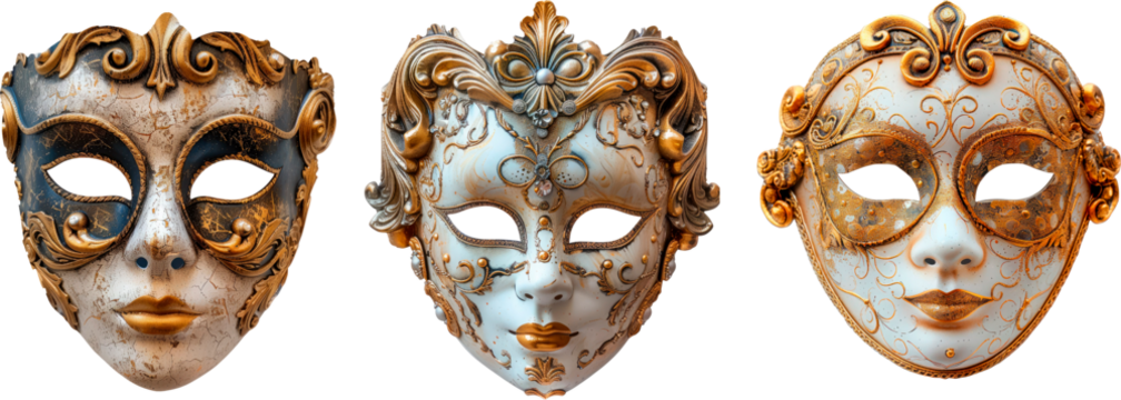 Group of three Carnival Venetian Mardi Gras mask in gold and white isolated on white or transparent background png