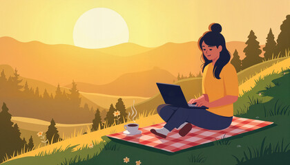 Fototapeta premium Young Asian woman working on laptop at sunrise, serene remote office