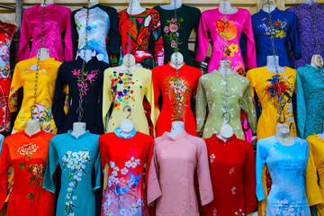 Ben Thanh Market. Ao Dai dress shop. Ho Chi Minh City. Vietnam.