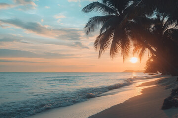 Fototapeta premium A beautiful tropical island with palm trees and clear water, surrounded by mountains generative AI image