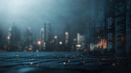 Futuristic cityscape with digital data visualization and glowing elements
