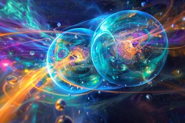 Naklejka premium Nanoscale Quantum Physics Artistically Represented Through Vibrant Colors and Dynamic Patterns Showcasing the Complexity of Particle Interactions