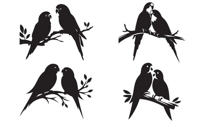 Set of Black Love Parrot Birds Silhouettes on Branches