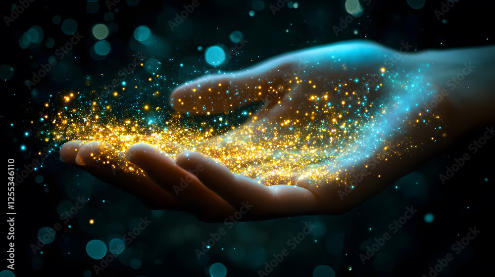 Poster a hand holding shimmering golden particles against a dark background, creating a magical and etherea