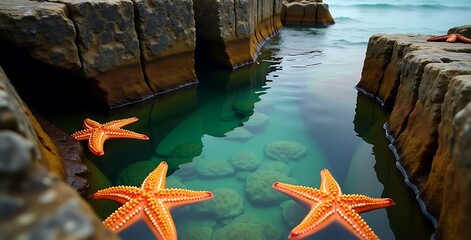 Starfish resting in calm tidal pool near rocky shoreline during daylight