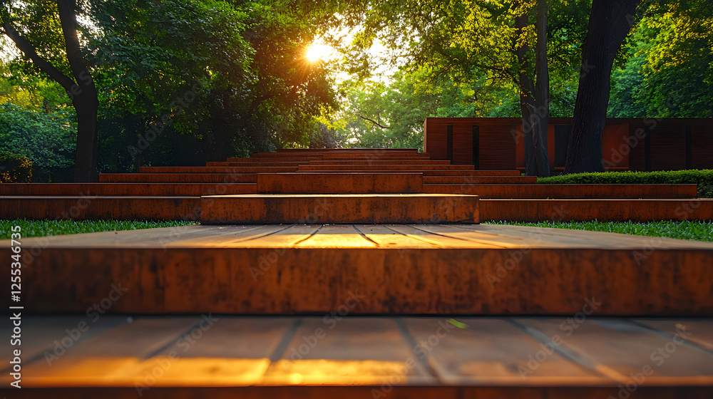 Aufkleber a serene pathway of wooden steps leads into a lush green garden, illuminated by the warm glow of the