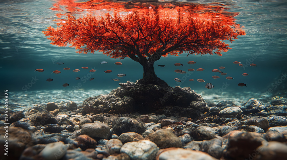 Poster a vibrant red tree stands underwater, surrounded by colorful fish and pebbles, creating a surreal an