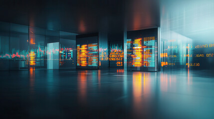 futuristic financial technology hub featuring digital displays and data visualizations, showcasing advanced analytics and AI driven insights