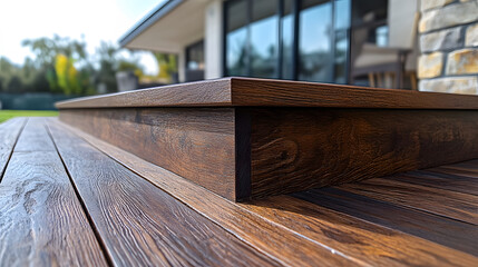 A close-up view of a wooden deck edge, showcasing its texture and finish, set against a backdrop of a modern home and lush greenery