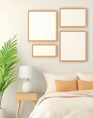 Beige Minimalist Bedroom Interior With Wooden Nightstand And Framed Art