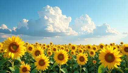 Obraz premium Clouds drifting above a sea of golden sunflowers, cloud, light