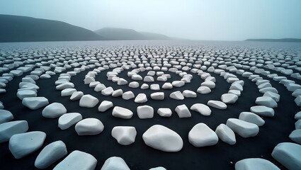 Spiral arrangement of white stones on a dark shore with a misty background