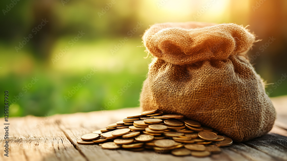 Poster a burlap sack filled with coins rests on a wooden table, surrounded by a lush green background, capt