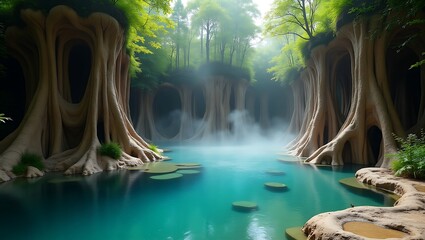 Peaceful forest with towering trees and a tranquil blue lake in mist