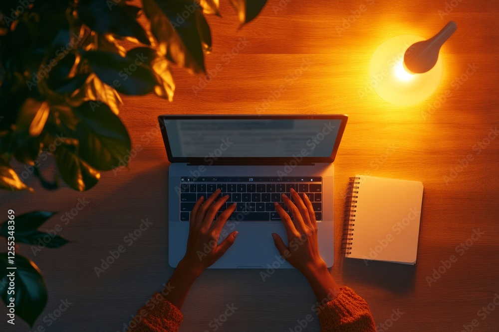 Fototapete Tech-Centric Study Workspace Laptop with Online Lecture and Notes Under LED Lamp - Remote Learning Innovation for Modern Academic Environments with Sleek Tech Design