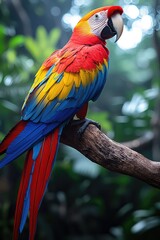 Obraz premium Scarlet Macaw Perched on a Branch in Lush Greenery