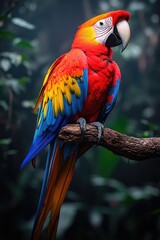 Fototapeta premium Scarlet Macaw Perched on Branch in Lush Green Setting