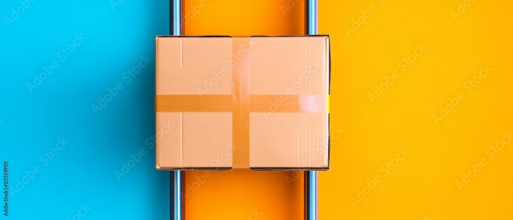 Aufkleber Vibrant Logistics Corrugated Cardboard Box on Bold Color Background - Streamlined Supply Chain Visualization for Dynamic Crisis Response and Inventory Management Content