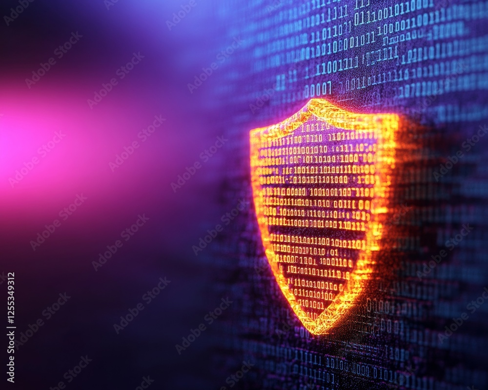 Poster Neon Cybersecurity Shield Floating Digital Emblem Amid Encrypted Streams - Futuristic Network Defense and Data Protection for Tech Businesses