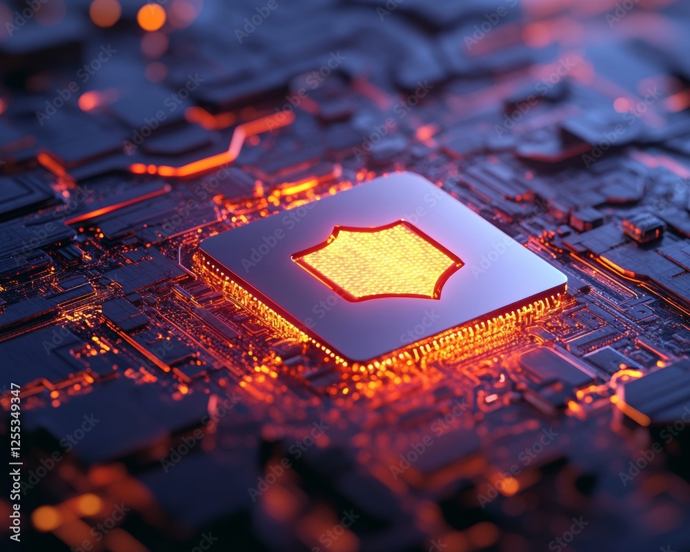 Poster Futuristic Cybersecurity Interface Neon-Lit Circuit Board with Shield Emblem - Cutting-Edge Network Defense for Modern Digital Protection Applications