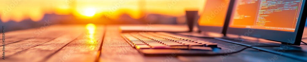 Aufkleber Sunset-Infused Developer Workspace Sleek Metal and Glass Surfaces with Dual Monitors - Cutting-Edge Tech Setup for Enhanced Software Engineering Efficiency and Workflow Optimization
